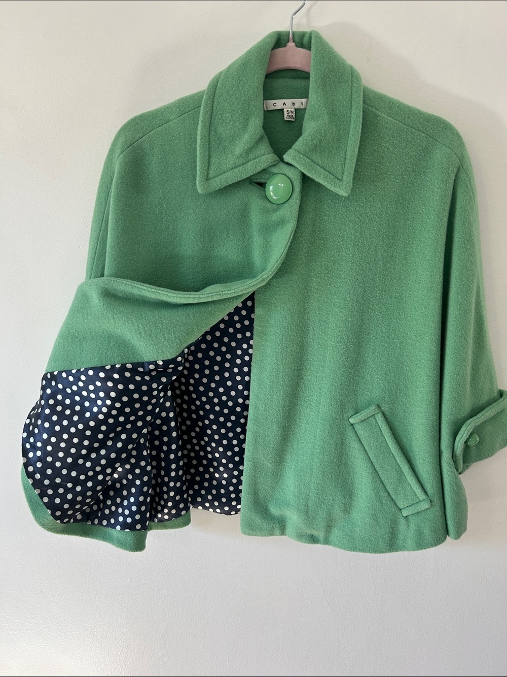 CAbi Wool Blend Cape #168 Green Size S/M 50’s Inspired with Polka Dot Lining